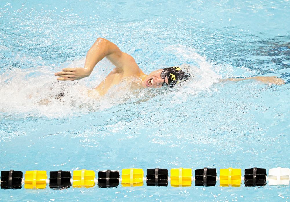 Iowa’s Mateus Arndt swims the men’s 1000-yard freestyle event during their meet against Michigan State and Northern Iowa at the Campus Recreation and Wellness Center in Iowa City on Friday, Oct 4, 2019. (Stephen Mally/hawkeyesports.com)