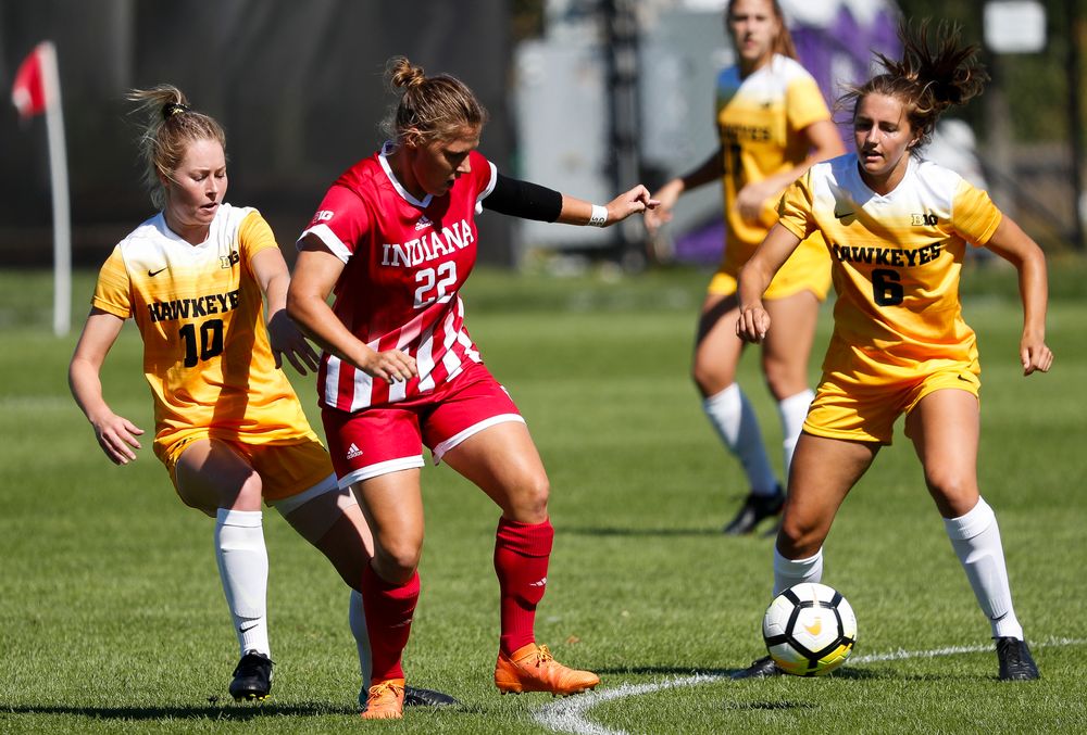 Iowa Hawkeyes midfielder Natalie Winters (10) and Iowa Hawkeyes midfielder Isabella Blackman (6) defend during a game against Indiana at the Iowa Soccer Complex on September 23, 2018. (Tork Mason/hawkeyesports.com)