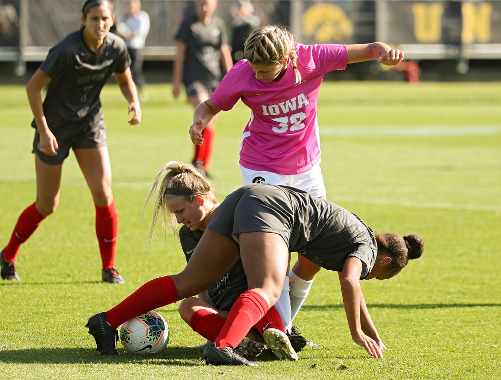 Iowa forward Gianna Gourley (32) tries to gain position on the ball during the second half of their match at the Iowa Soccer Complex in Iowa City on Sunday, Oct 27, 2019. (Stephen Mally/hawkeyesports.com)