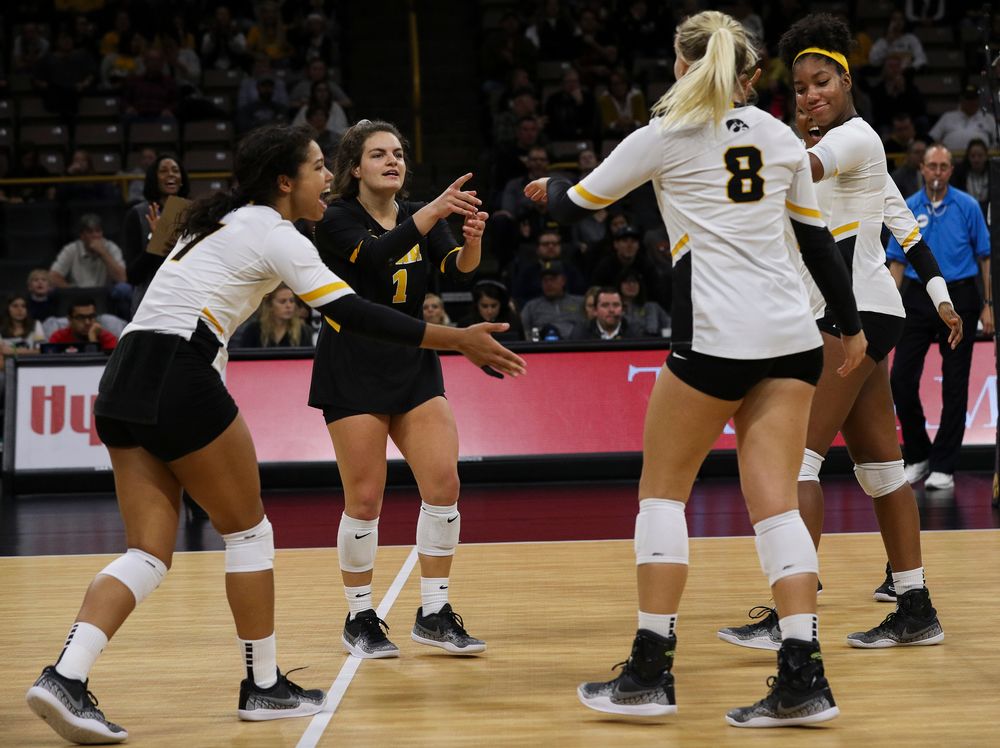 Iowa Hawkeyes defensive specialist Molly Kelly (1) celebrates after winning a point during a match against Rutgers at Carver-Hawkeye Arena on November 2, 2018. (Tork Mason/hawkeyesports.com)