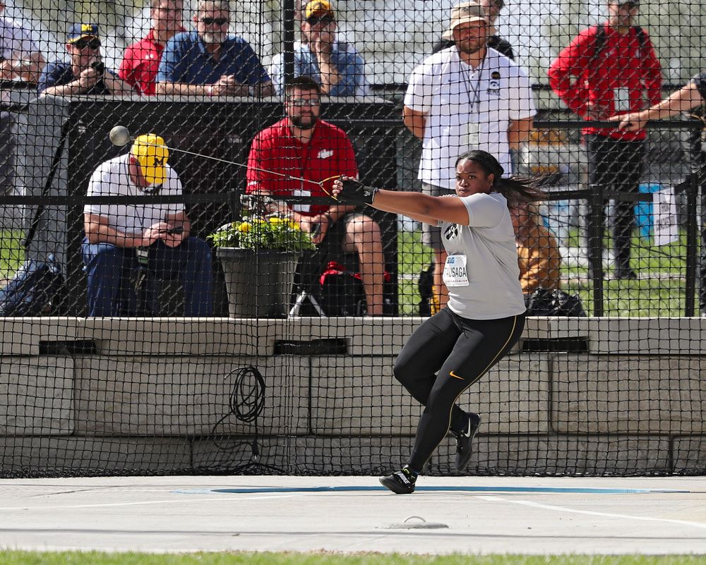 Iowa's Laulauga Tausaga throws during the women’s hammer throw event on the first day of the Big Ten Outdoor Track and Field Championships at Francis X. Cretzmeyer Track in Iowa City on Friday, May. 10, 2019. (Stephen Mally/hawkeyesports.com)