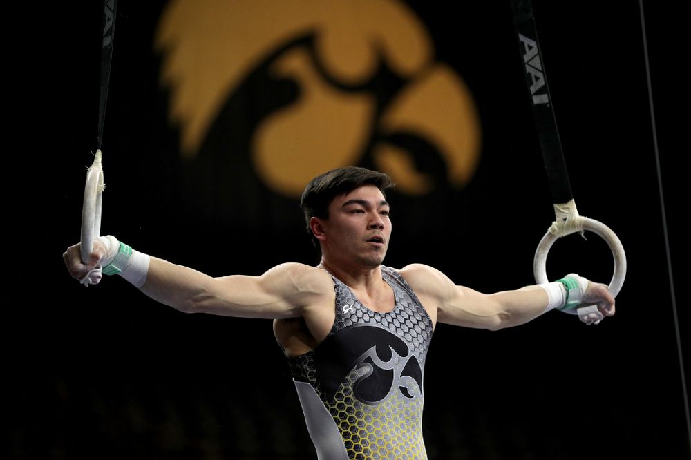 Iowa’s Brandon Wong competes on the rings against Illinois Sunday, March 1, 2020 at Carver-Hawkeye Arena. (Brian Ray/hawkeyesports.com)