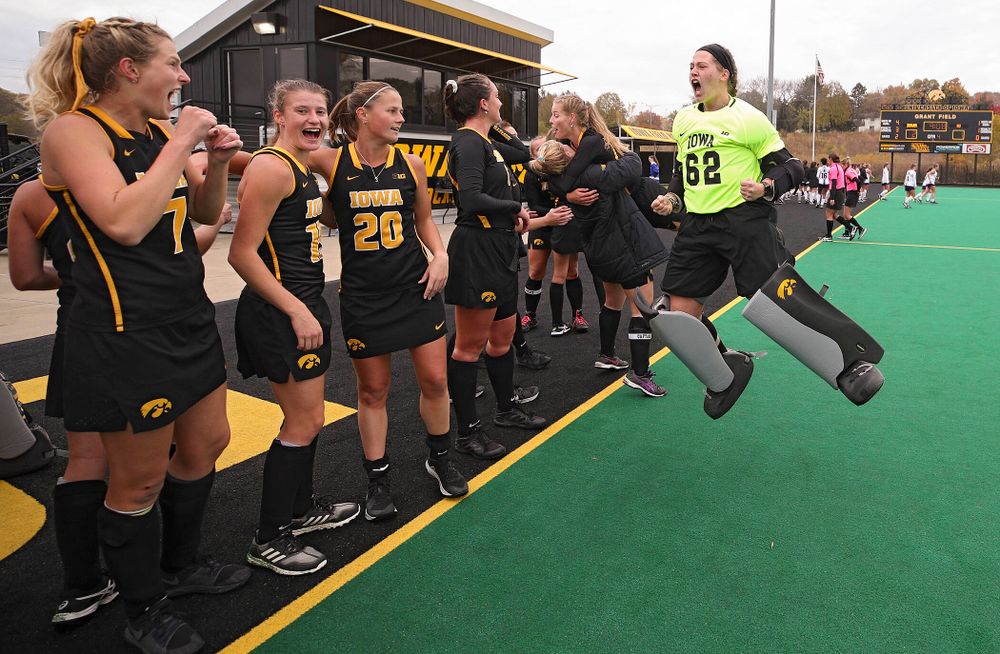 Iowa’s Grace McGuire (62) jumps in the air as she celebrates with her teammates after winning their game at Grant Field in Iowa City on Saturday, Oct 26, 2019. (Stephen Mally/hawkeyesports.com)