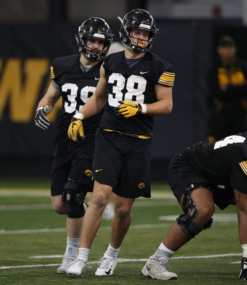 Iowa Hawkeyes tight end T.J. Hockenson (38) and tight end Nate Wieting (39) during preparation for the 2019 Outback Bowl Tuesday, December 18, 2018 at the Hansen Football Performance Center. (Brian Ray/hawkeyesports.com)