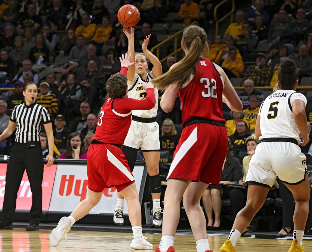 Iowa Hawkeyes guard Kathleen Doyle (22) makes a 3-pointer during the third quarter of the game at Carver-Hawkeye Arena in Iowa City on Thursday, February 6, 2020. (Stephen Mally/hawkeyesports.com)
