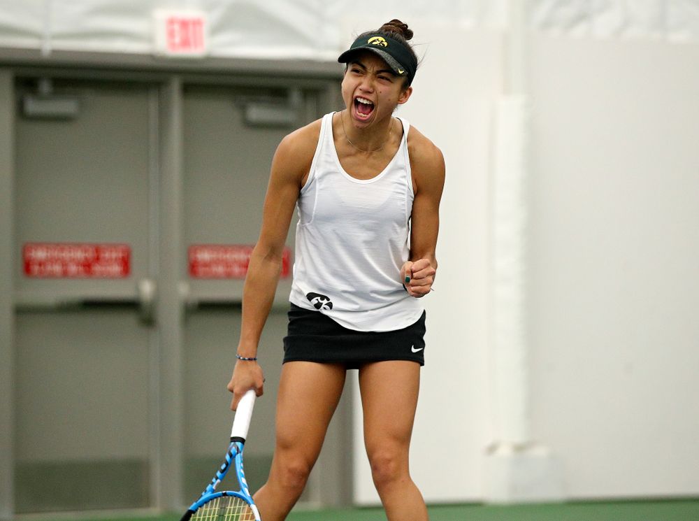 Iowa’s Michelle Bacalla celebrates a point during her singles match at the Hawkeye Tennis and Recreation Complex in Iowa City on Sunday, February 23, 2020. (Stephen Mally/hawkeyesports.com)