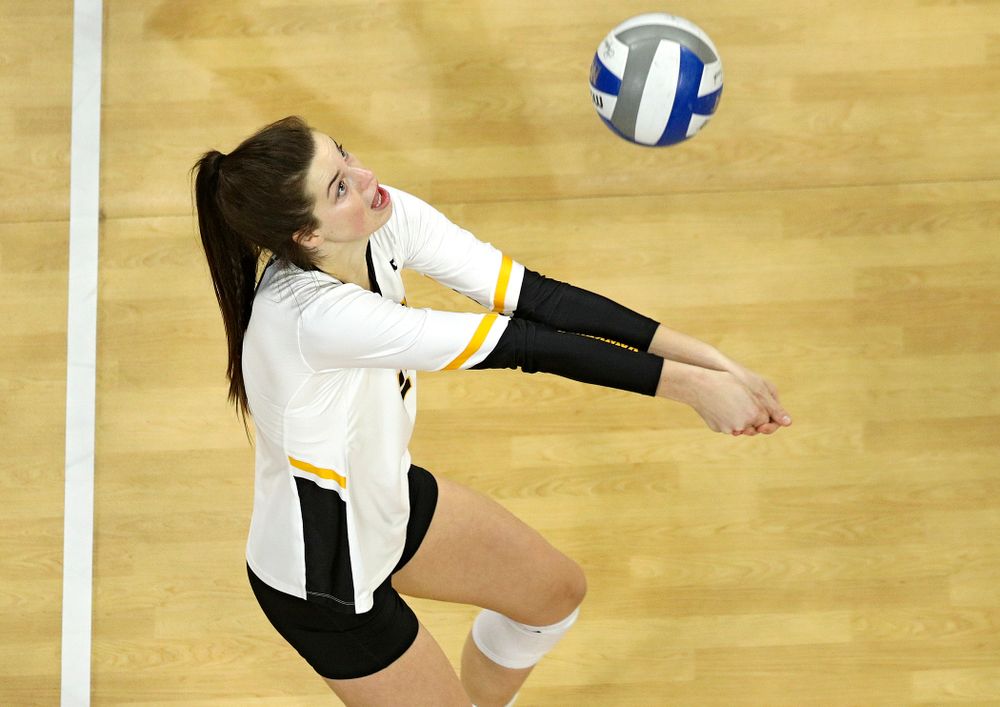 Iowa’s Courtney Buzzerio (2) eyes the ball during the third set of their match at Carver-Hawkeye Arena in Iowa City on Saturday, Nov 30, 2019. (Stephen Mally/hawkeyesports.com)