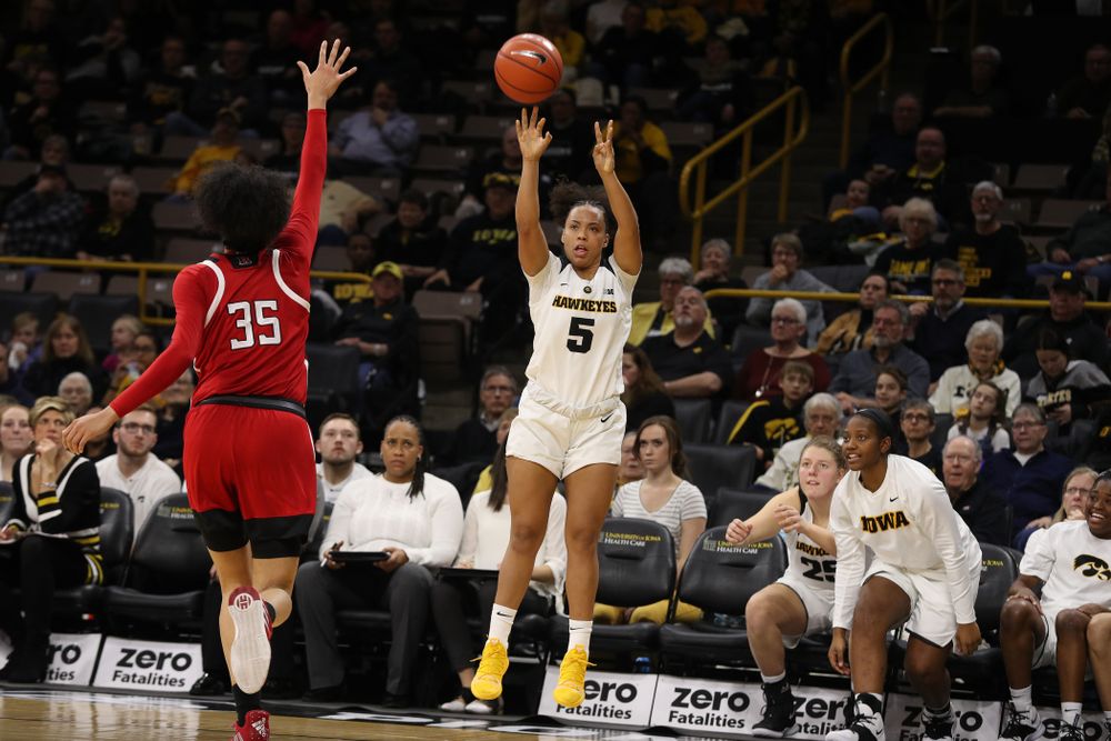 Iowa Hawkeyes guard Alexis Sevillian (5) against the Rutgers Scarlet Knights Wednesday, January 23, 2019 at Carver-Hawkeye Arena. (Brian Ray/hawkeyesports.com)