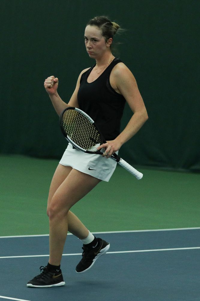 Iowa’s Samantha Mannix returns a hit during the Iowa women’s tennis meet vs DePaul  on Friday, February 21, 2020 at the Hawkeye Tennis and Recreation Complex. (Lily Smith/hawkeyesports.com)