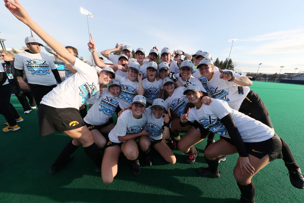 The Iowa Hawkeyes celebrate their victory over  Penn State in the 2019 Big Ten Field Hockey Tournament Championship Game Sunday, November 10, 2019 in State College. (Brian Ray/hawkeyesports.com)