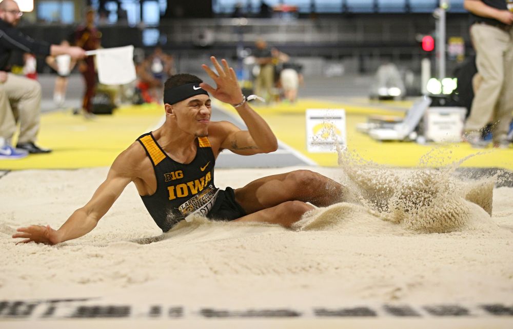 Iowa’s Jamal Britt competes in the men’s long jump event during the Larry Wieczorek Invitational at the Recreation Building in Iowa City on Friday, January 17, 2020. (Stephen Mally/hawkeyesports.com)