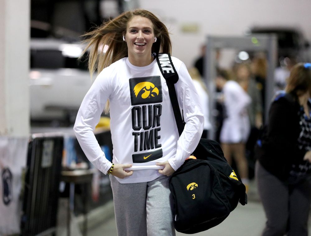 Iowa Hawkeyes guard Makenzie Meyer (3) arrives for their game against Ohio State in the quarterfinals of the Big Ten Basketball Tournament Friday, March 6, 2020 at Bankers Life Fieldhouse in Indianapolis. (Brian Ray/hawkeyesports.com)