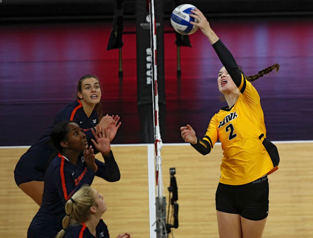 Iowa’s Courtney Buzzerio (2) gets a kill during the second set of their match against Illinois at Carver-Hawkeye Arena in Iowa City on Wednesday, Nov 6, 2019. (Stephen Mally/hawkeyesports.com)