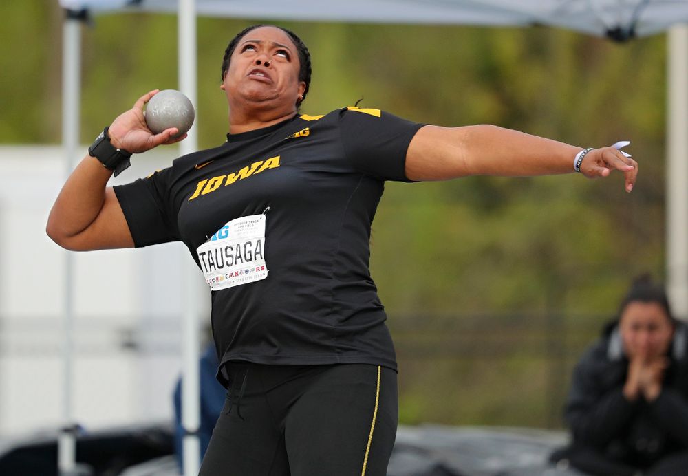 Iowa's Laulauga Tausaga throws during the women’s shot put event on the second day of the Big Ten Outdoor Track and Field Championships at Francis X. Cretzmeyer Track in Iowa City on Saturday, May. 11, 2019. (Stephen Mally/hawkeyesports.com)