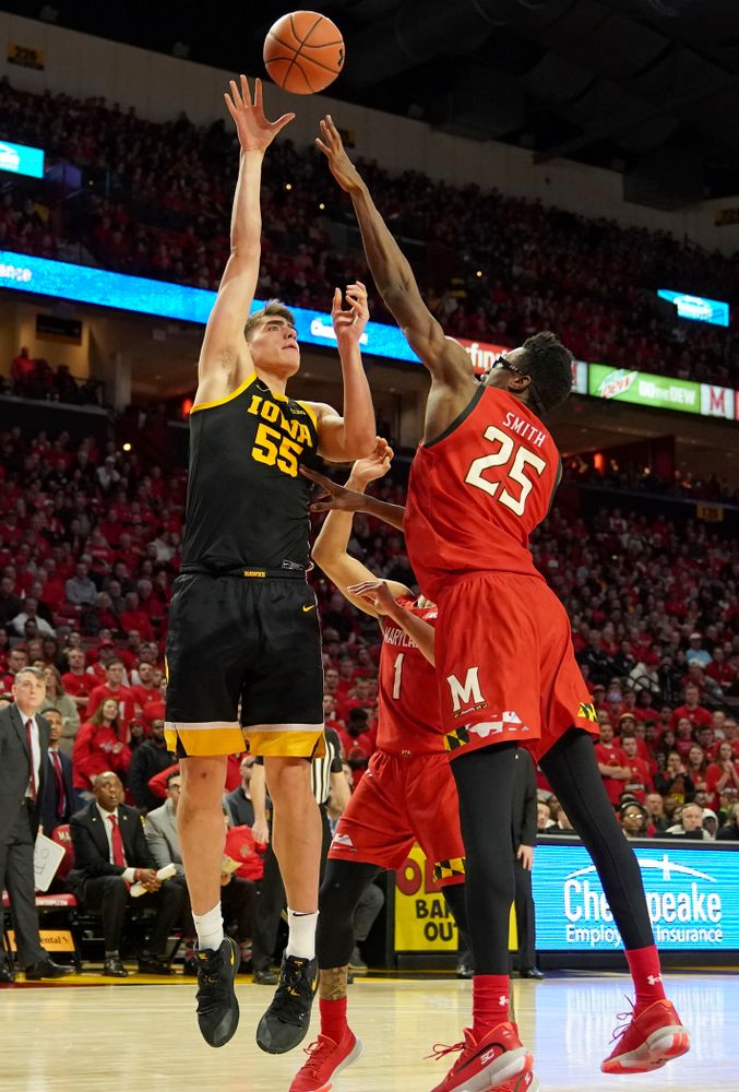 Iowa Hawkeyes center Luka Garza (55) puts up a shot during their game at the Xfinity Center in College Park, MD on Thursday, January 30, 2020. (University of Maryland Athletics)