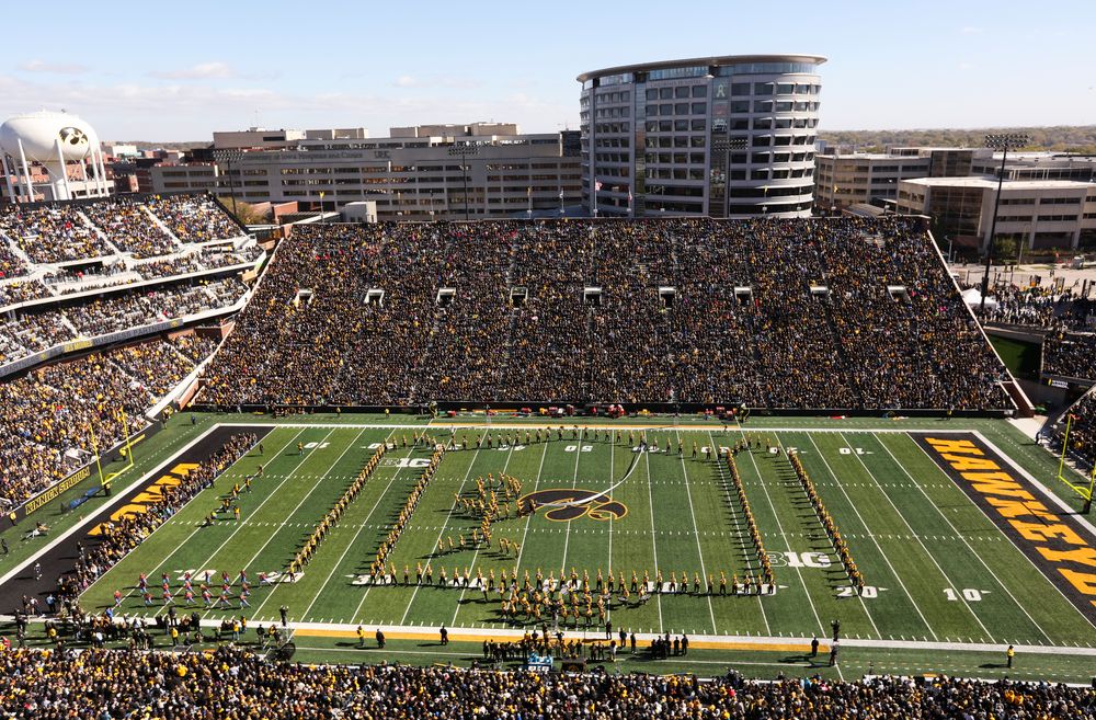 The Iowa Hawkeye Marching Band performs at halftime during a game against Maryland at Kinnick Stadium on October 20, 2018. (Tork Mason/hawkeyesports.com)