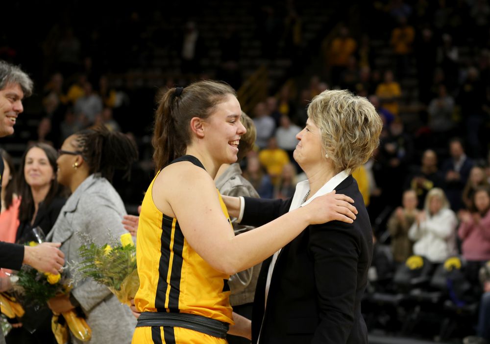 Iowa Hawkeyes forwar/center Paula Valiño Ramos (31) during senior day activities following their win over the Minnesota Golden Gophers Thursday, February 27, 2020 at Carver-Hawkeye Arena. (Brian Ray/hawkeyesports.com)