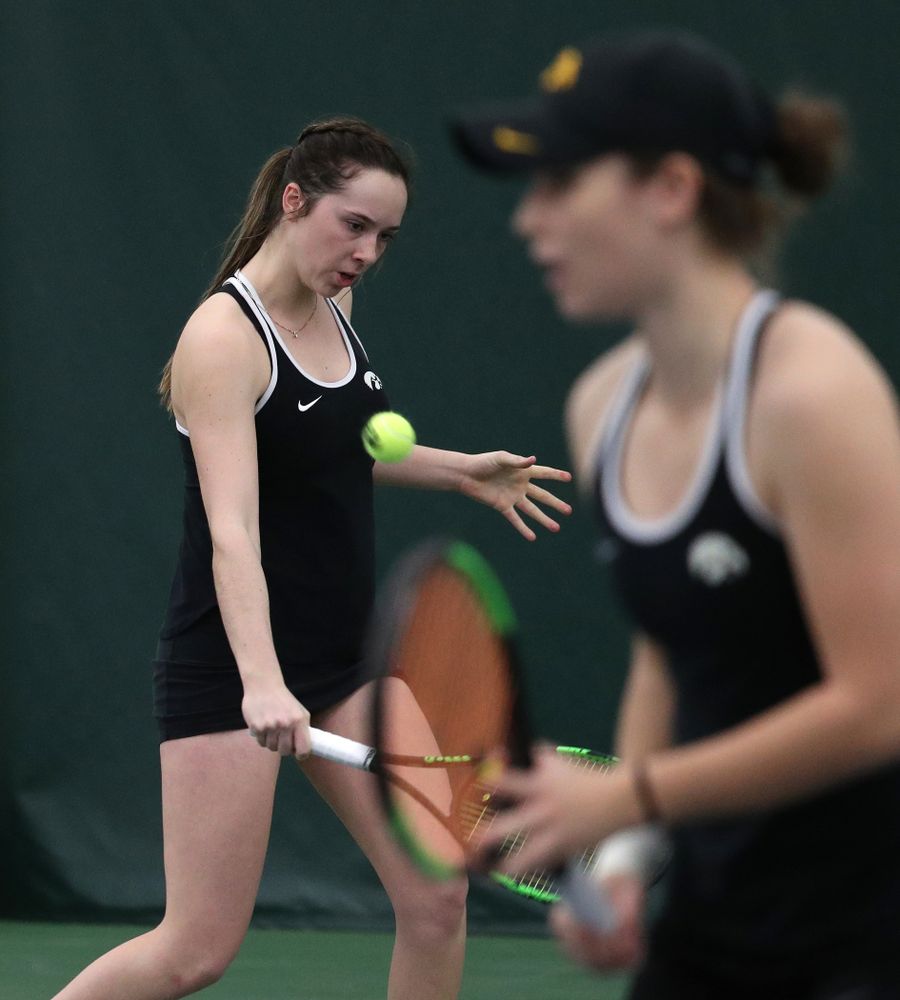 Iowa's Samantha Mannix and Elise Van Heuvelen Treadwell play a doubles match against the Penn State Nittany Lions Sunday, February 24, 2019 at the Hawkeye Tennis and Recreation Complex. (Brian Ray/hawkeyesports.com)
