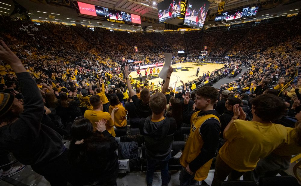 The Hawks Nest cheers during the first half of their game at Carver-Hawkeye Arena in Iowa City on Saturday, February 8, 2020. (Stephen Mally/hawkeyesports.com)