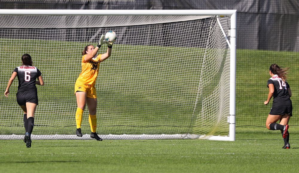 Iowa goalkeeper Monica Wilhelm (28) grabs a shot during the second half of their match at the Iowa Soccer Complex in Iowa City on Sunday, Sep 1, 2019. (Stephen Mally/hawkeyesports.com)