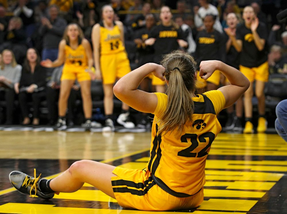 Iowa Hawkeyes guard Kathleen Doyle (22) flexes after making a basket while being fouled during the fourth quarter of their game at Carver-Hawkeye Arena in Iowa City on Thursday, January 23, 2020. (Stephen Mally/hawkeyesports.com)
