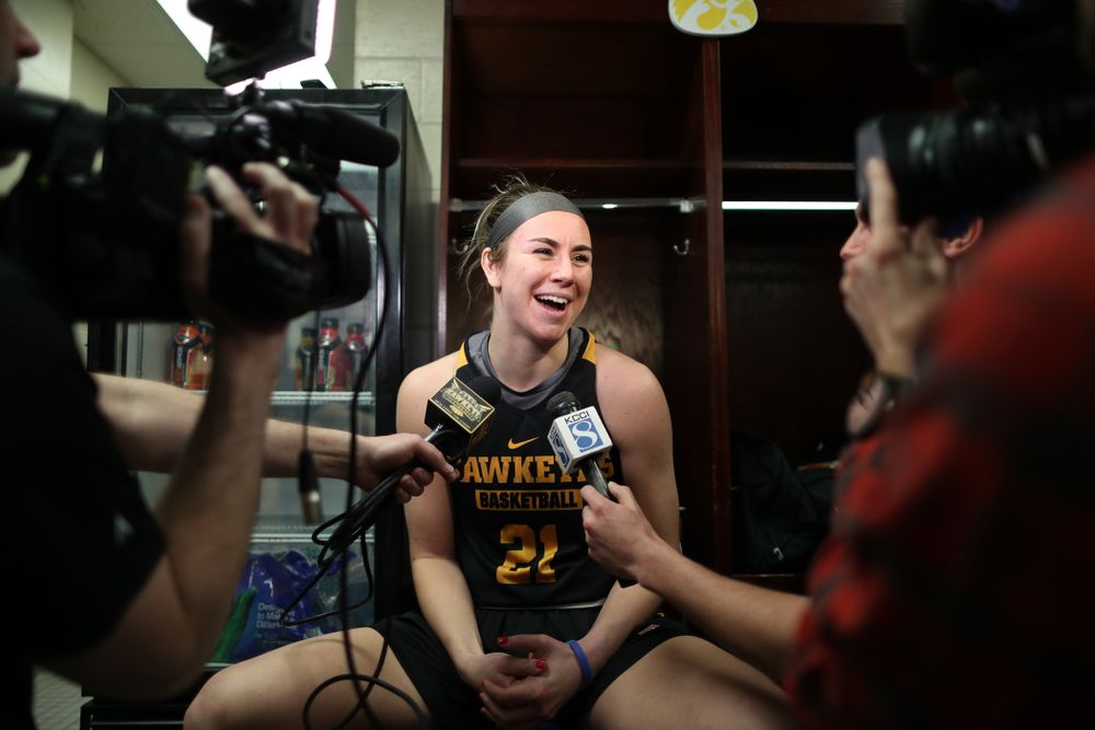 Iowa Hawkeyes forward Hannah Stewart (21) during practice and media before the regional final of the 2019 NCAA Women's College Basketball Tournament against the Baylor Bears Sunday, March 31, 2019 at Greensboro Coliseum in Greensboro, NC.(Brian Ray/hawkeyesports.com)