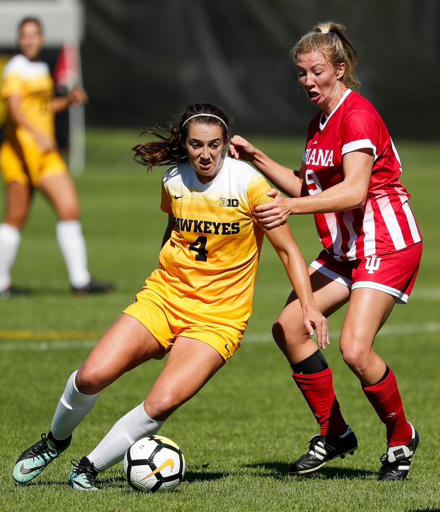 Iowa Hawkeyes forward Kaleigh Haus (4) dribbles the ball during a game against Indiana at the Iowa Soccer Complex on September 23, 2018. (Tork Mason/hawkeyesports.com)