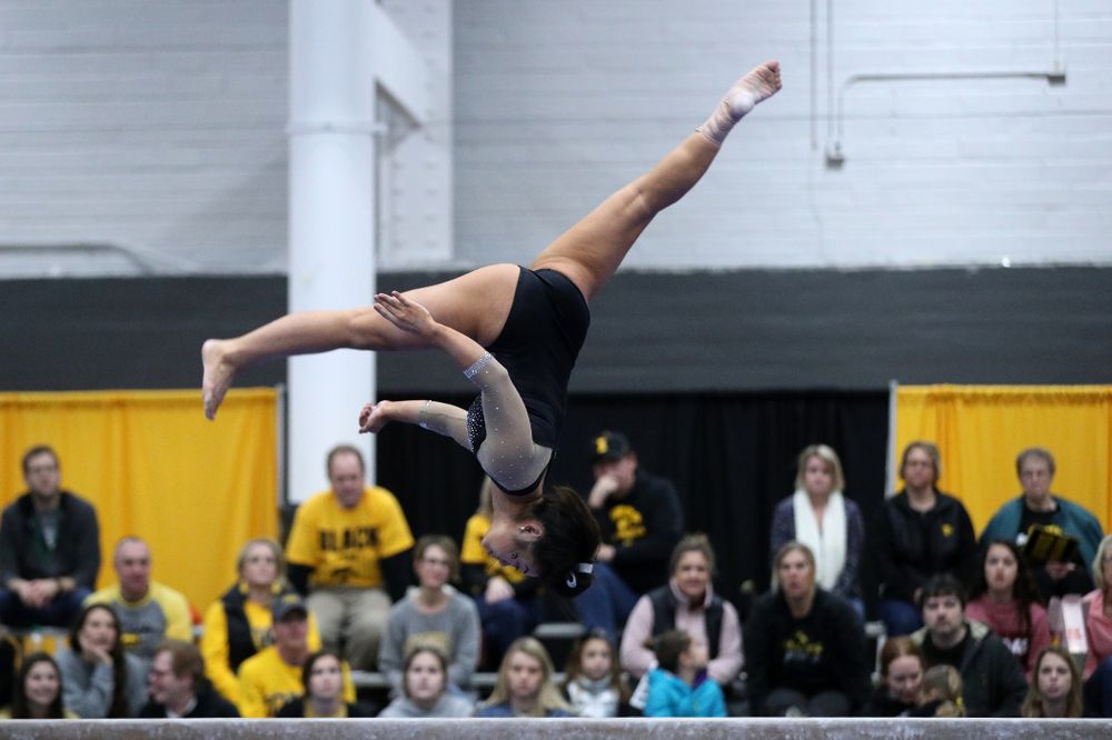Clair Kaji competes on the beam during the Black and Gold intrasquad meet Saturday, December 1, 2018 at the University of Iowa Field House. (Brian Ray/hawkeyesports.com)