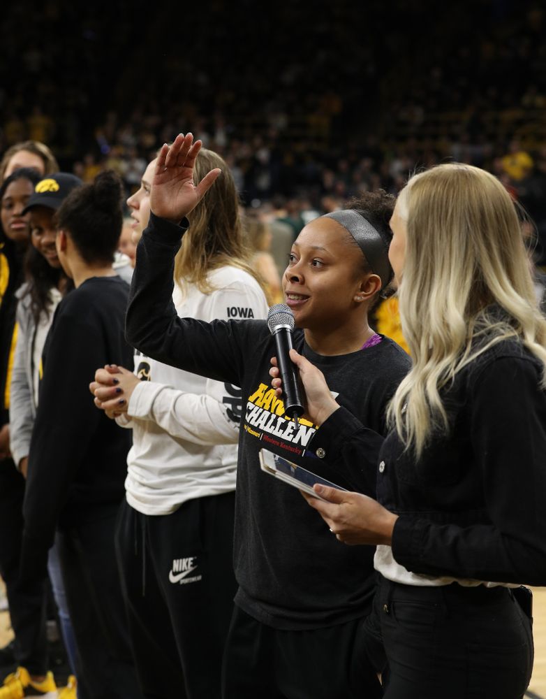 Iowa Women's Basketball guard Tania Davis addresses the crowd during the Iowa Hawkeyes game against the Michigan State Spartans Thursday, January 24, 2019 at Carver-Hawkeye Arena. (Brian Ray/hawkeyesports.com)