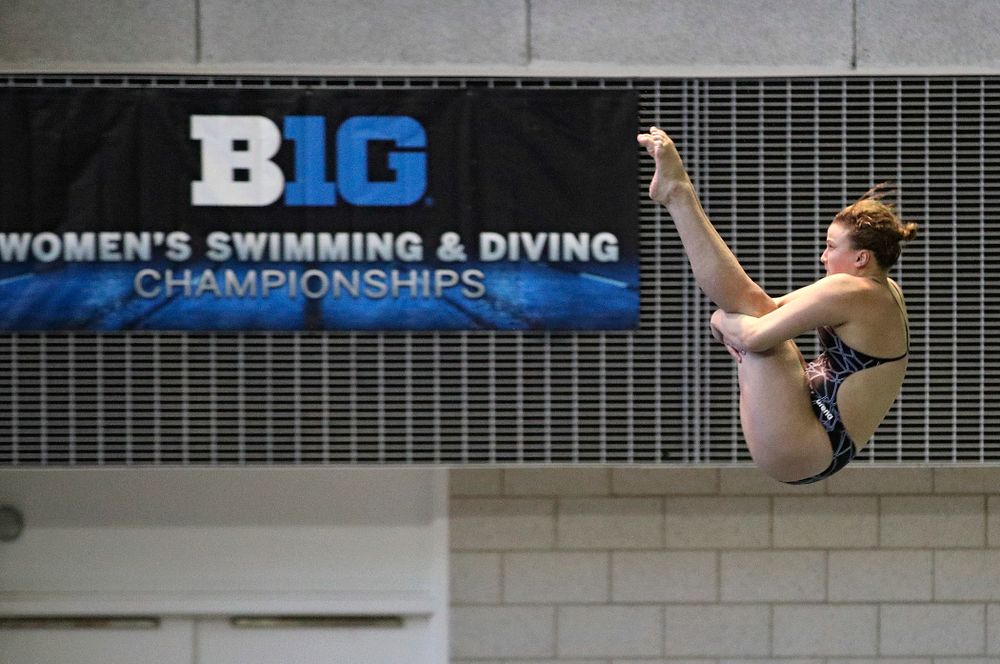 Iowa’s Claire Park competes in the women’s 3 meter diving preliminary event during the 2020 Women’s Big Ten Swimming and Diving Championships at the Campus Recreation and Wellness Center in Iowa City on Friday, February 21, 2020. (Stephen Mally/hawkeyesports.com)