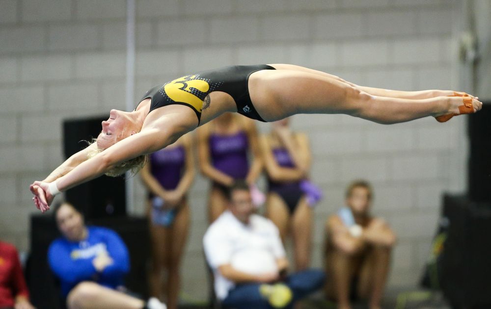 Iowa's Thelma Strandberg competes in the platform diving competition during the third day of the Hawkeye Invitational at the Campus Recreation and Wellness Center on November 17, 2018. (Tork Mason/hawkeyesports.com)