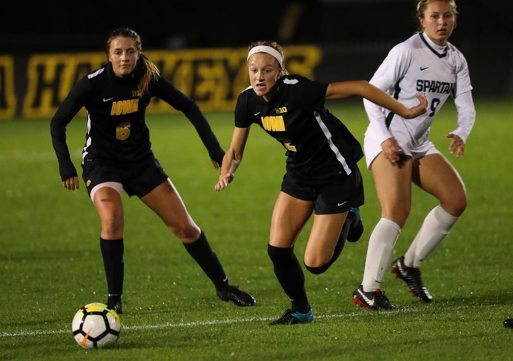 Iowa Hawkeyes midfielder Hailey Rydberg (2) chases down the ball during a game against Michigan State at the Iowa Soccer Complex on October 12, 2018. (Tork Mason/hawkeyesports.com)