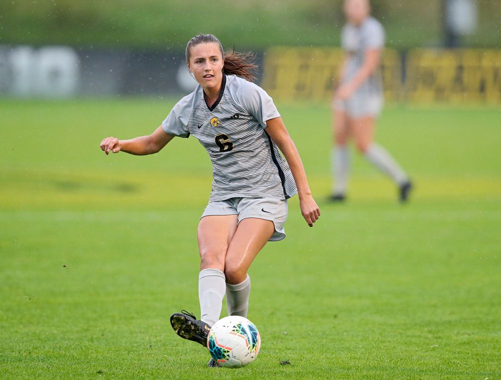 Iowa midfielder Isabella Blackman (6) passes the ball during the second half of their match at the Iowa Soccer Complex in Iowa City on Sunday, Sep 29, 2019. (Stephen Mally/hawkeyesports.com)