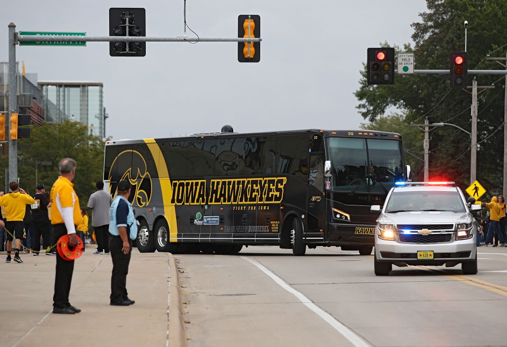 The Hawkeyes arrive before their game at Kinnick Stadium in Iowa City on Saturday, Sep 28, 2019. (Stephen Mally/hawkeyesports.com)