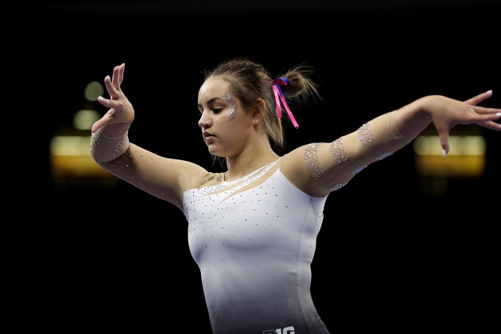 IowaÕs Dani Castillo competes on the beam against Ball State and Air Force Saturday, January 11, 2020 at Carver-Hawkeye Arena. (Brian Ray/hawkeyesports.com)