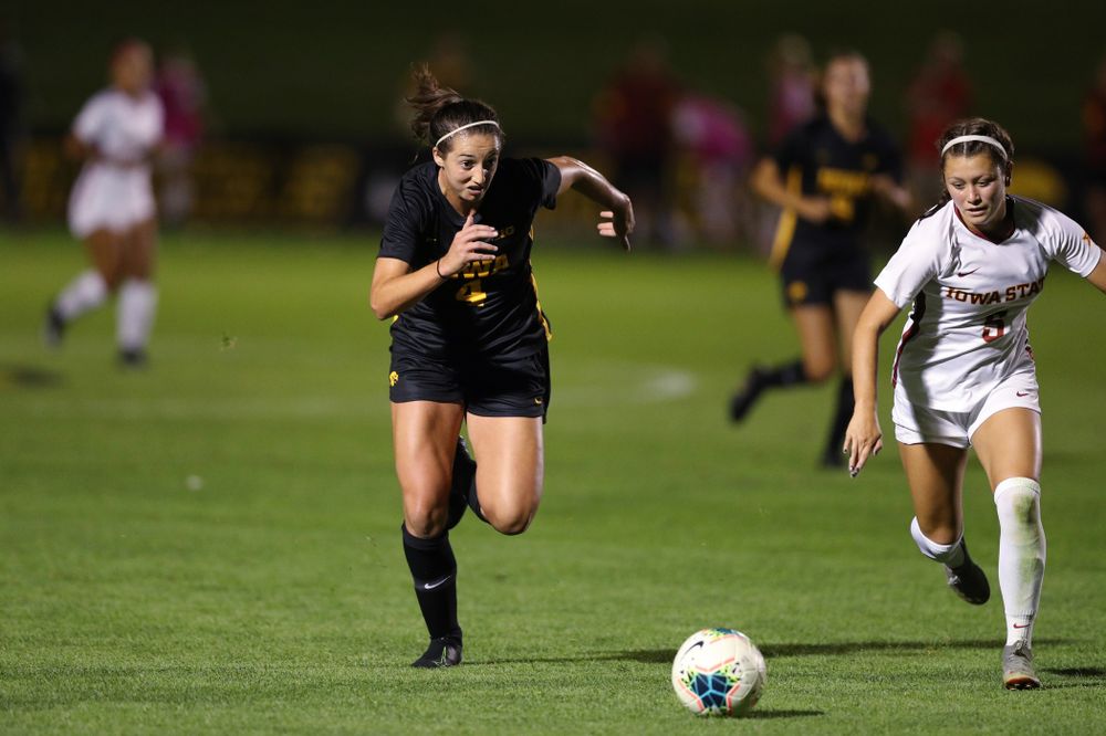 Iowa Hawkeyes forward Kaleigh Haus (4) during a 2-1 victory over the Iowa State Cyclones Thursday, August 29, 2019 in the Iowa Corn Cy-Hawk series at the Iowa Soccer Complex. (Brian Ray/hawkeyesports.com)