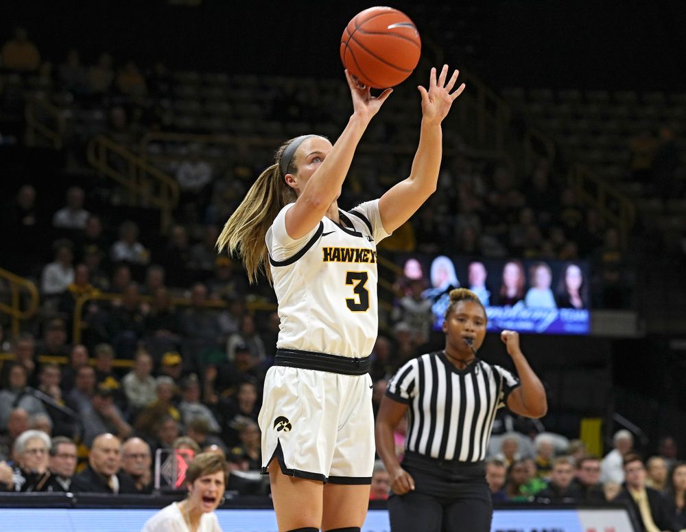 Iowa Hawkeyes guard Makenzie Meyer (3) makes a basket during the first quarter of their game at Carver-Hawkeye Arena in Iowa City on Sunday, January 12, 2020. (Stephen Mally/hawkeyesports.com)