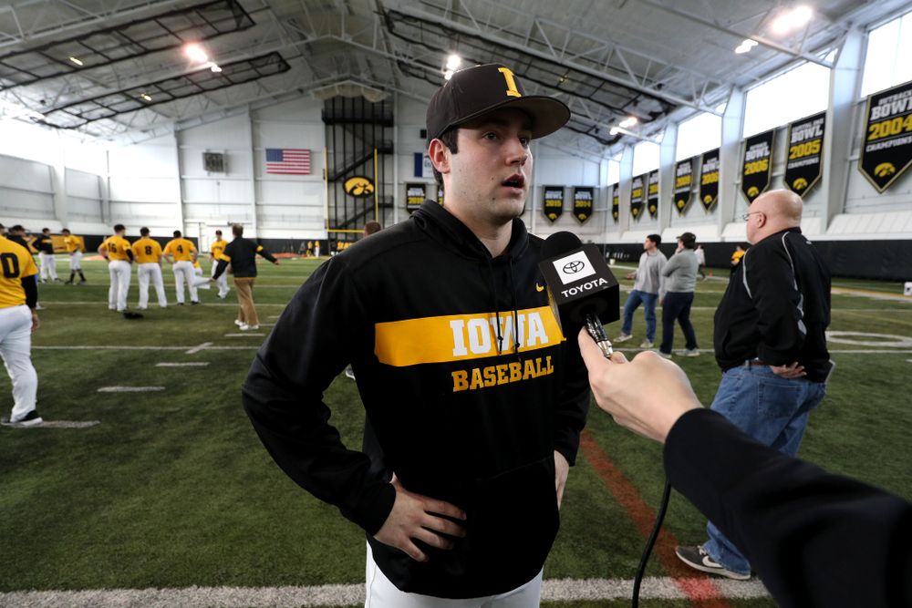 Iowa Hawkeyes Grant Leonard (43) answers questions from reporters during their annual media day Thursday, February 6, 2020 at the Indoor Practice Facility. (Brian Ray/hawkeyesports.com)