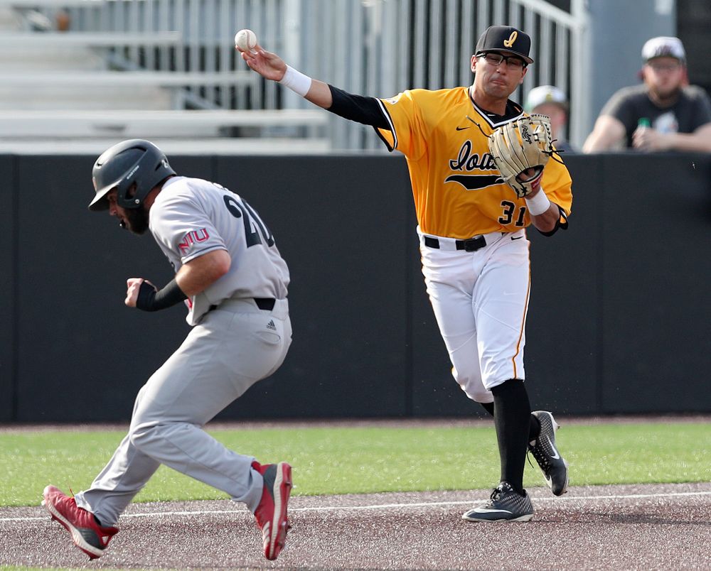 Iowa Hawkeyes third baseman Matthew Sosa (31) throws to first base for an out during the second inning of their game against Northern Illinois at Duane Banks Field in Iowa City on Tuesday, Apr. 16, 2019. (Stephen Mally/hawkeyesports.com)
