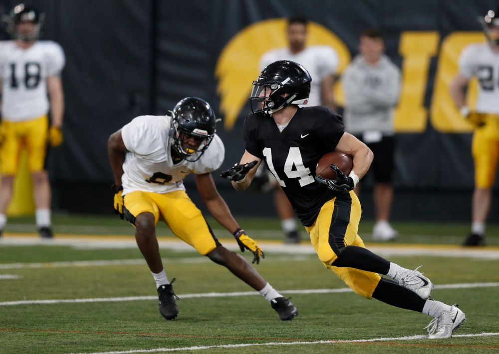 Iowa Hawkeyes wide receiver Kyle Groeneweg (14) during spring practice  Thursday, March 29, 2018 at the Hansen Football Performance Center. (Brian Ray/hawkeyesports.com)