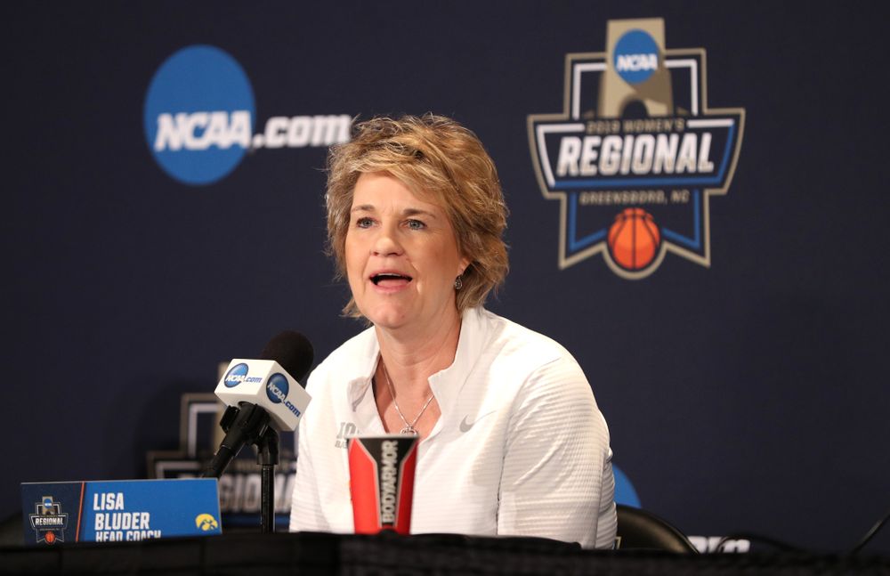 Iowa Hawkeyes head coach Lisa Bluder during practice and media before the regional final of the 2019 NCAA Women's College Basketball Tournament against the Baylor Bears Sunday, March 31, 2019 at Greensboro Coliseum in Greensboro, NC.(Brian Ray/hawkeyesports.com)