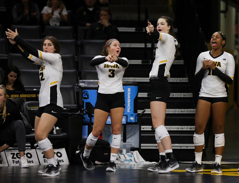 Iowa Hawkeyes defensive specialist Maddie Hine (3), Iowa Hawkeyes setter Courtney Buzzerio (2) and Iowa Hawkeyes outside hitter Griere Hughes (10) react after an ace during a match against Nebraska at Carver-Hawkeye Arena on November 7, 2018. (Tork Mason/hawkeyesports.com)