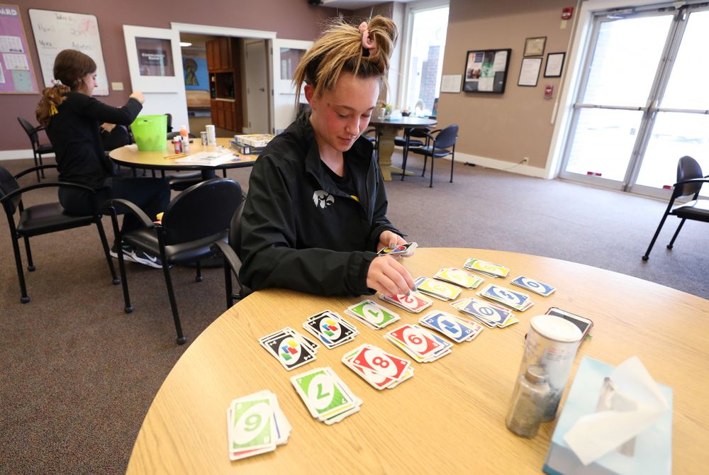 Members of the WomenÕs Soccer team volunteer at Pathways Adult Day Health Center during the annual Iowa Athletics Day of Caring  Sunday, April 28, 2019 in Iowa City. (Brian Ray/hawkeyesports.com)