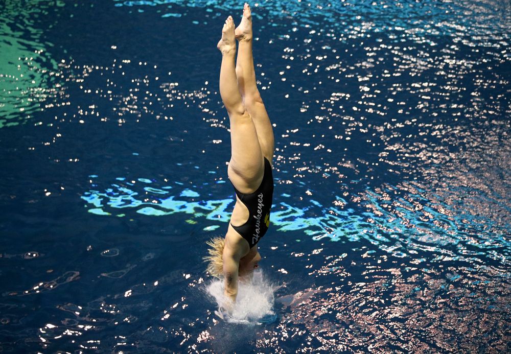 Iowa’s Thelma Strandberg competes in the women’s 1-meter diving event during their meet against Michigan State and Northern Iowa at the Campus Recreation and Wellness Center in Iowa City on Friday, Oct 4, 2019. (Stephen Mally/hawkeyesports.com)