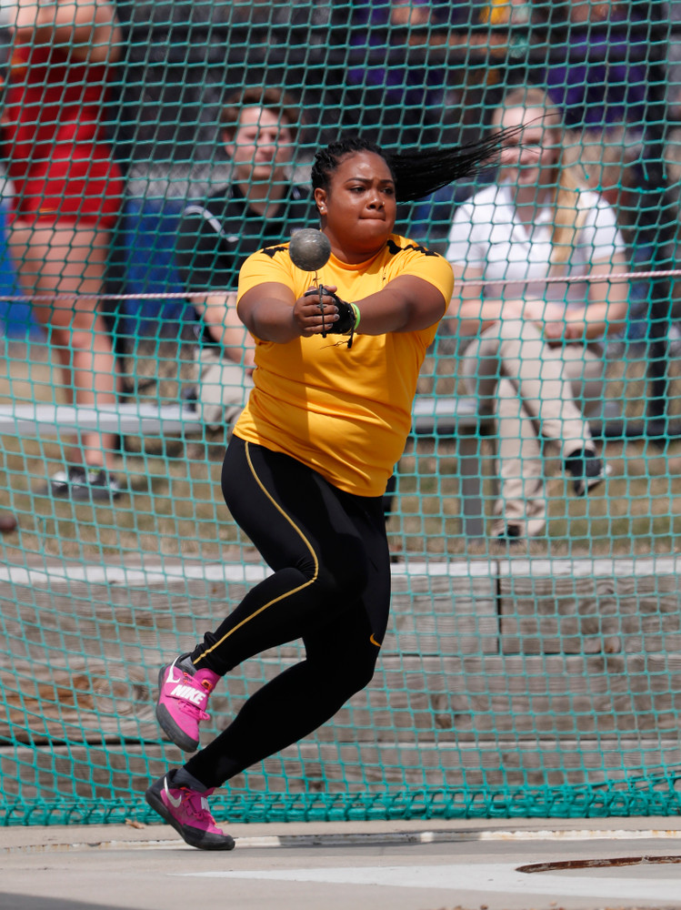 Iowa's Laulauga Tausaga competes in the hammer throw during the 2018 MUSCO Twilight Invitational  Thursday, April 12, 2018 at the Cretzmeyer Track. (Brian Ray/hawkeyesports.com)