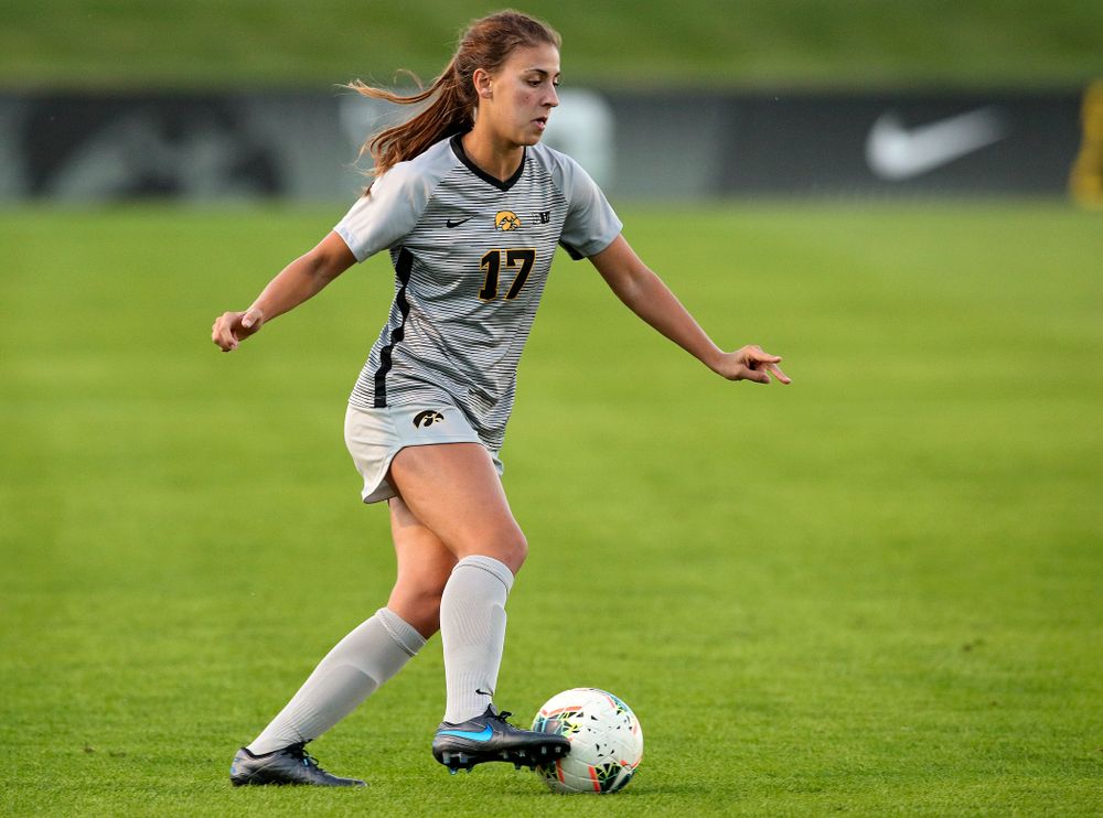 Iowa defender Hannah Drkulec (17) moves with the ball during the first half of their match at the Iowa Soccer Complex in Iowa City on Friday, Sep 13, 2019. (Stephen Mally/hawkeyesports.com)