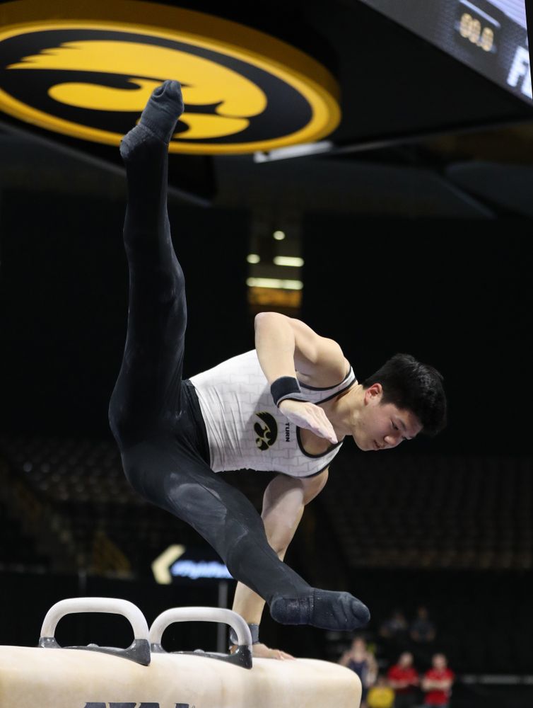 Bennet Huang competes on the pommel horse against UIC and Minnesota Saturday, February 2, 2019 at Carver-Hawkeye Arena. (Brian Ray/hawkeyesports.com)
