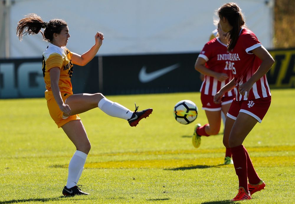 Iowa Hawkeyes forward Devin Burns (30) passes the ball during a game against Indiana at the Iowa Soccer Complex on September 23, 2018. (Tork Mason/hawkeyesports.com)