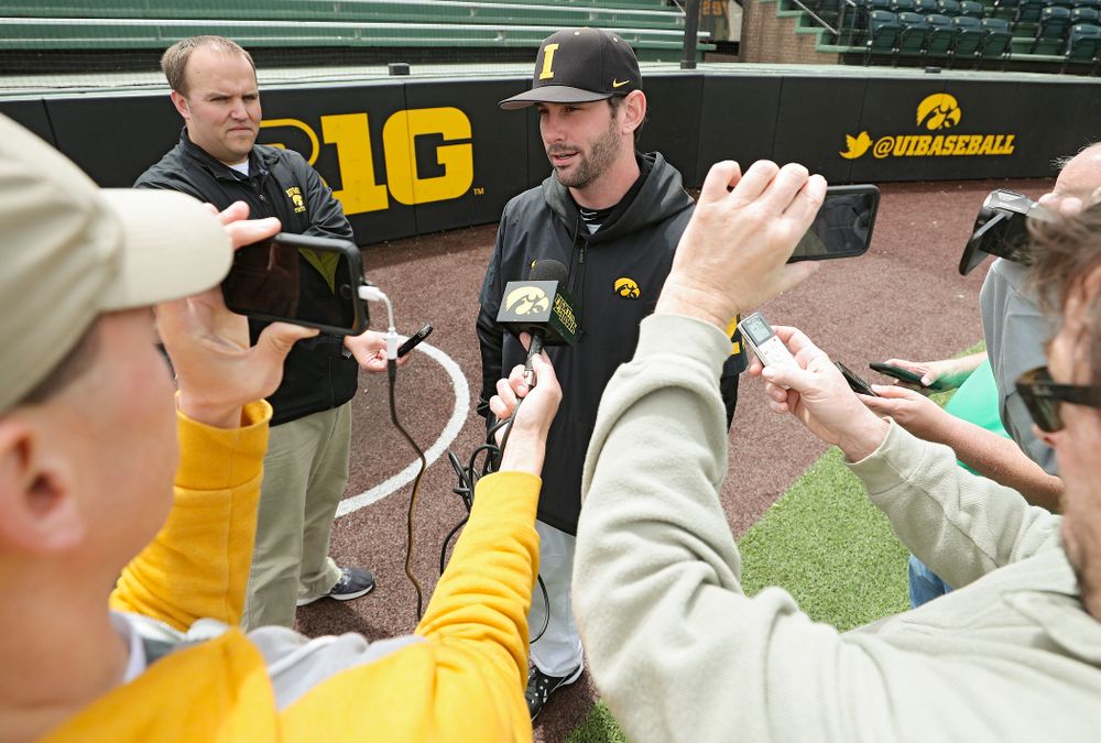 Iowa’s Chris Whelan answers questions from the media at Duane Banks Field in Iowa City on Monday, May 20, 2019. (Stephen Mally/hawkeyesports.com)