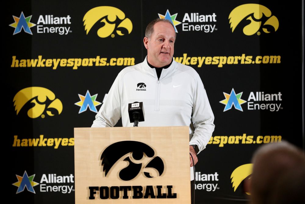 Iowa Hawkeyes defensive coordinator Phil Parker addresses the media on the Hawkeyes selection to face USC in the 2019 Holiday Bowl Sunday, December 8, 2019 at the Hansen Football Performance Center. (Brian Ray/hawkeyesports.com)